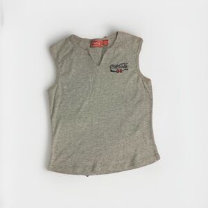 Y2K Coca-Cola Women’s XL Gray Ribbed Tank Top Red Logo Biker V-Neck Vintage